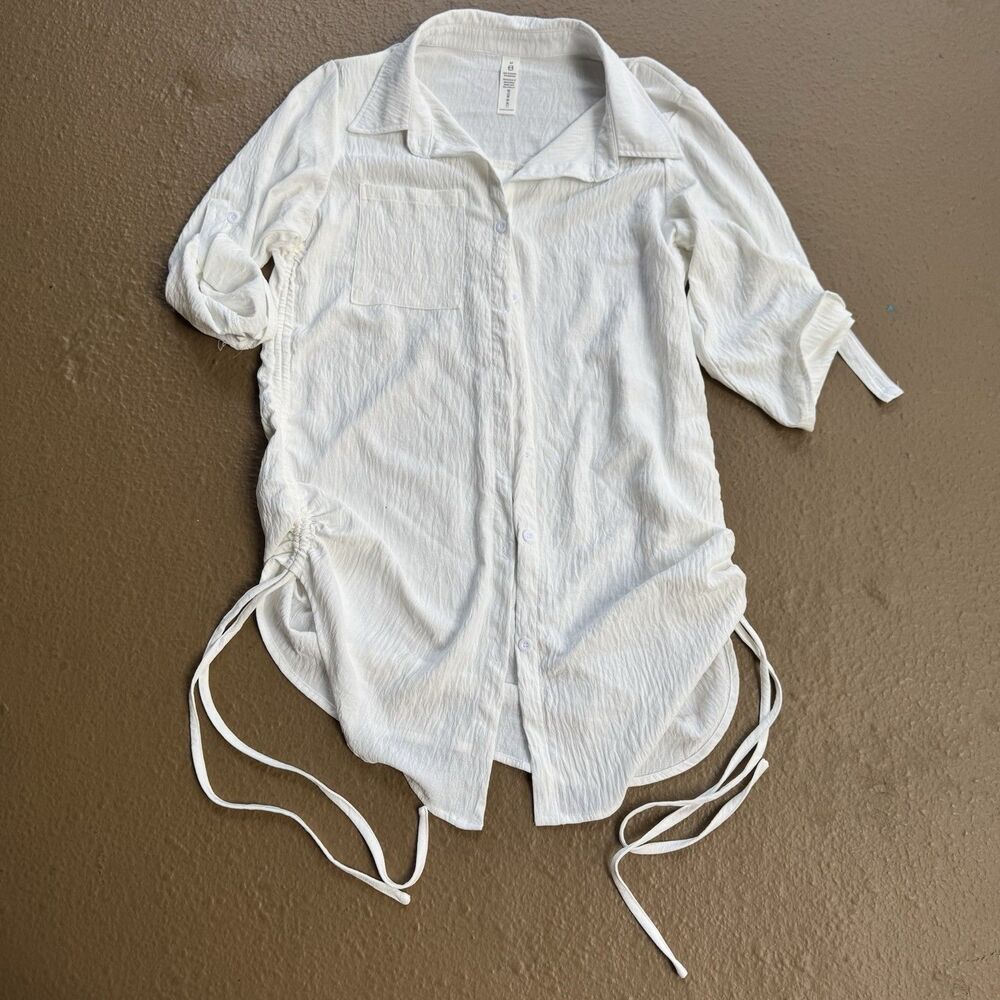 Oversized White Sz M Beach Summer Women’s Shirt Drawstring Adjustable Sleeves
